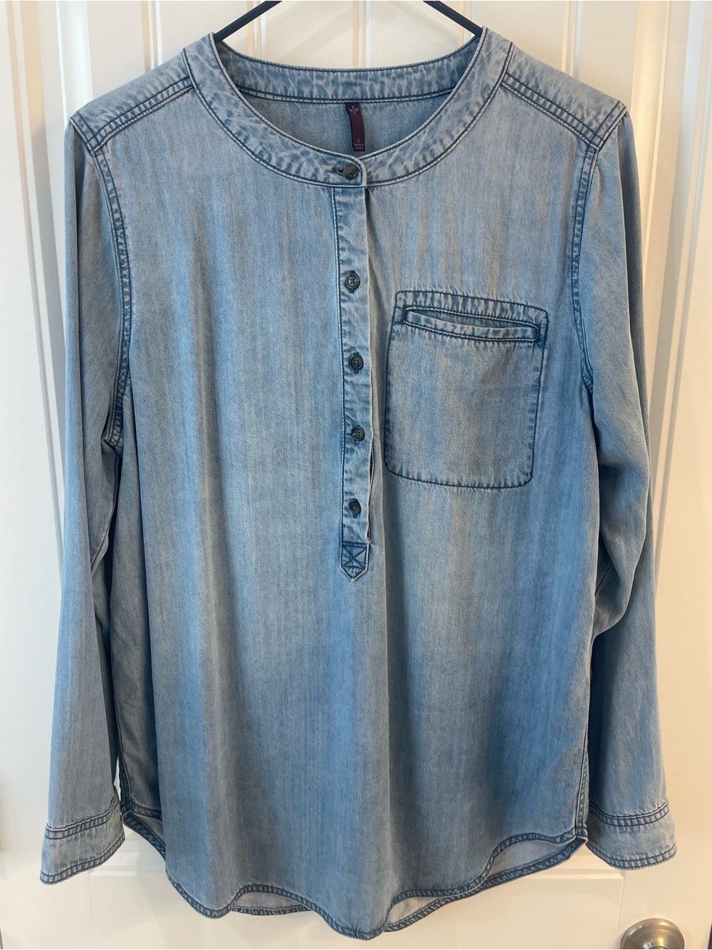 Light Blue Denim-chambray Style Women's Henley Top